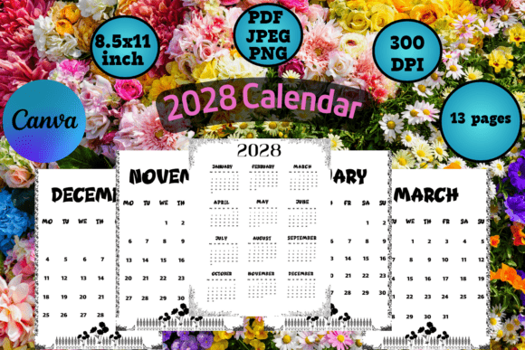 Download 2028 Calendar Template with Flower Frame - 2028 calendar Collection